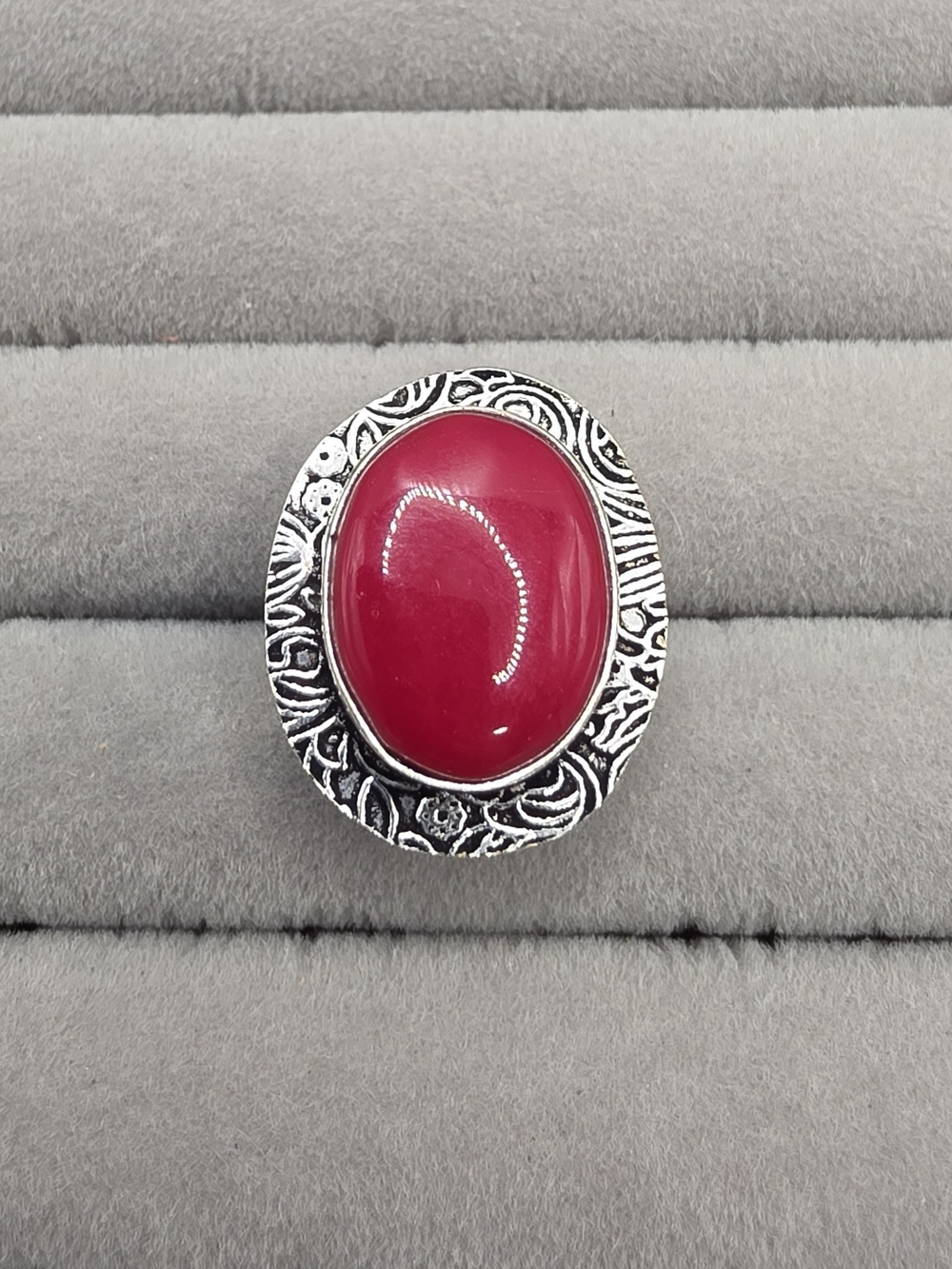 Bold Red Coral Oval Statement Ring Size 6 with Textured Silver Plated Frame